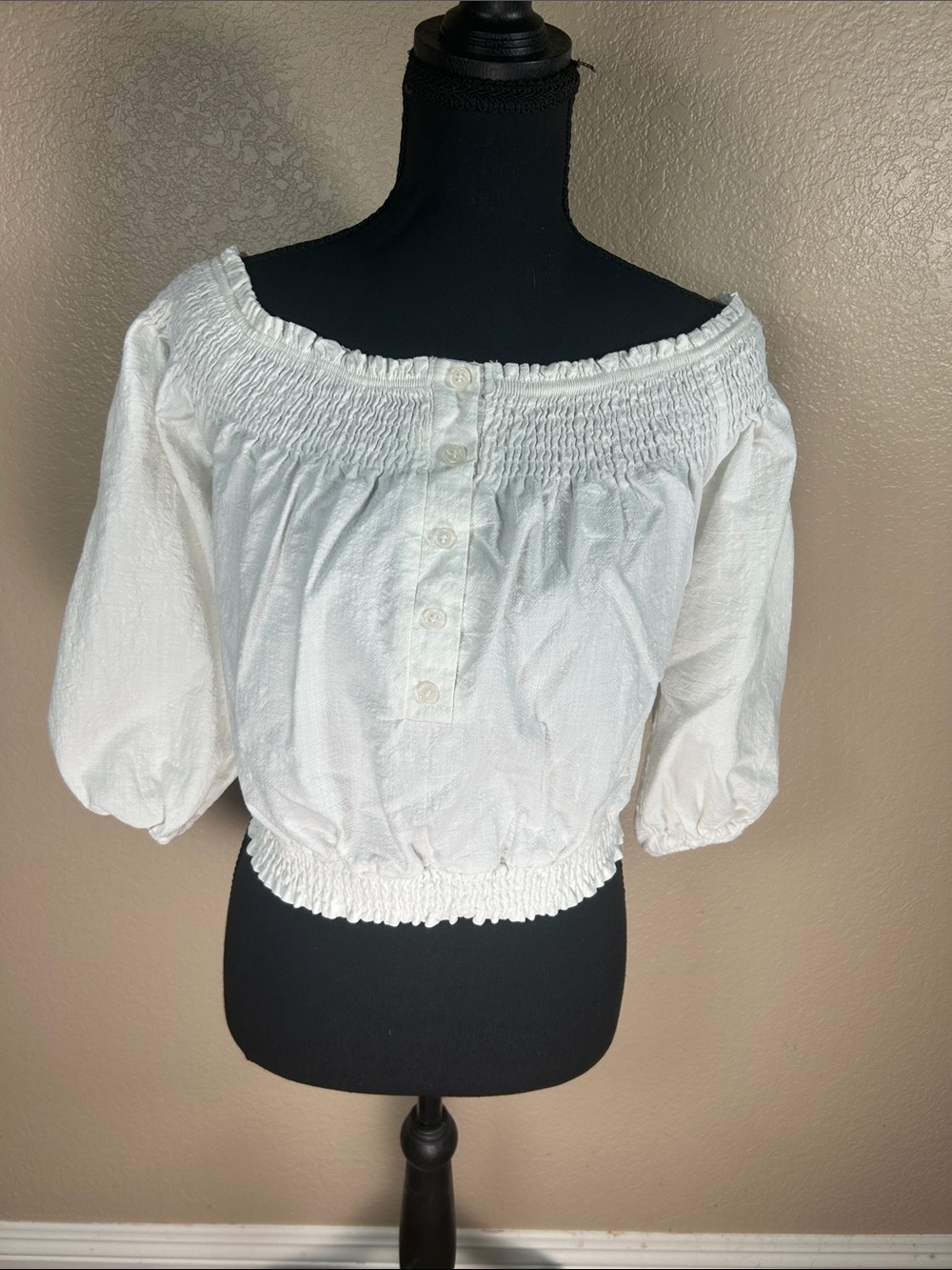 ANGASHION White Off Shoulder Smocked Crop Top Size Small Boho Cottagecore